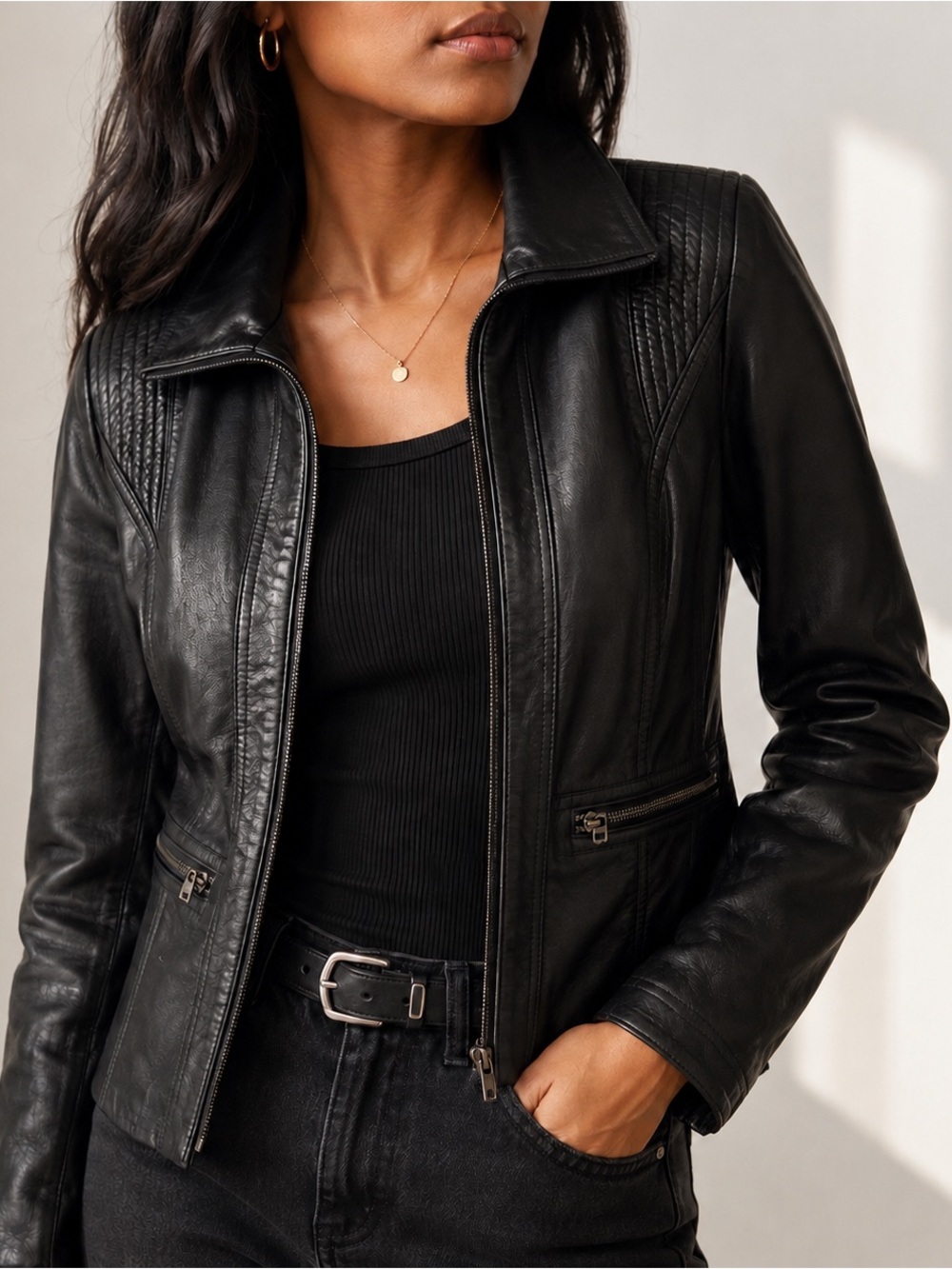 Kenneth Cole Reaction Black Leather Moto Jacket Women’s Size S